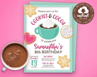 Koekjes en cacao uitnodiging • Hot Cocoa verjaardagsuitnodiging • Winter verjaardagsuitnodiging • Direct bewerken en downloaden!