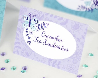 Butterfly Buffet Cards, Butterfly Place Cards - Purple and Teal - Printable, Add Your Own Text