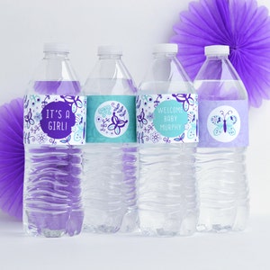Butterfly Water Bottle Labels, Water Bottle Wrappers Purple and Teal Personalized, Printable image 1
