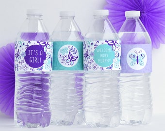 Butterfly Water Bottle Labels, Water Bottle Wrappers - Purple and Teal - Personalized, Printable