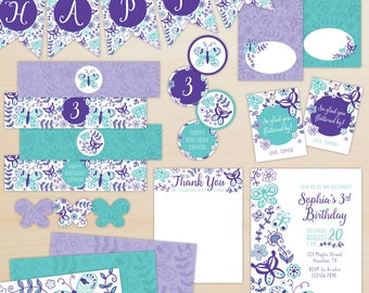 Butterfly Party Package, Baby Shower Decorations, Birthday Party Decorations - Purple and Teal - Personalized, Printable