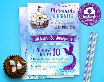 Zeemeerminnen en piraten uitnodiging • Broer of zus verjaardagsfeestje uitnodiging • Jongen en meisje verjaardag • Bewerken en direct downloaden!
