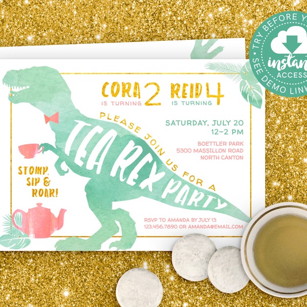 Tea Rex Invitation for Boy and Girl Siblings or Twins • Dinosaur Tea Party • Edit & Download Instantly!