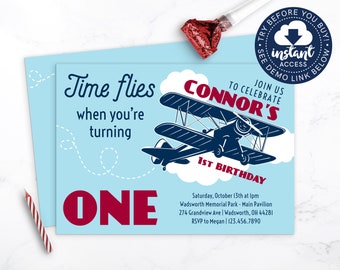 Airplane First Birthday Invitation • Time Flies Birthday Invite • Edit & Download Instantly!