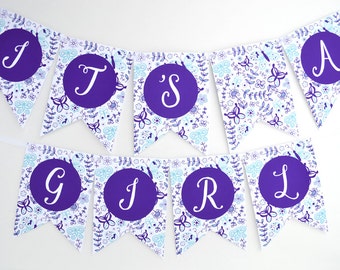 Butterfly Banner, Baby Shower Banner, Verjaardag Banner - Paars en Groenblauw - Gepersonaliseerd, Afdrukbaar