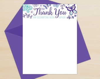 Butterfly Thank You Card, Baby Shower Thank You, Birthday Thank You - Purple and Teal - Personalized, Printable