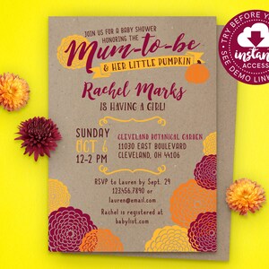 Fall Baby Shower Invitation Mum to Be Baby Shower Rustic Baby Shower Invite Edit & Download Instantly image 1