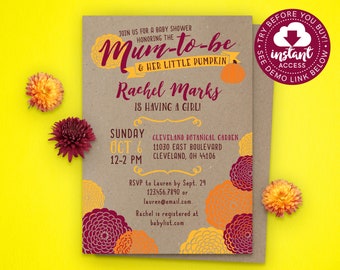 Fall Baby Shower Invitation • Mum to Be Baby Shower • Rustic Baby Shower Invite • Edit & Download Instantly!