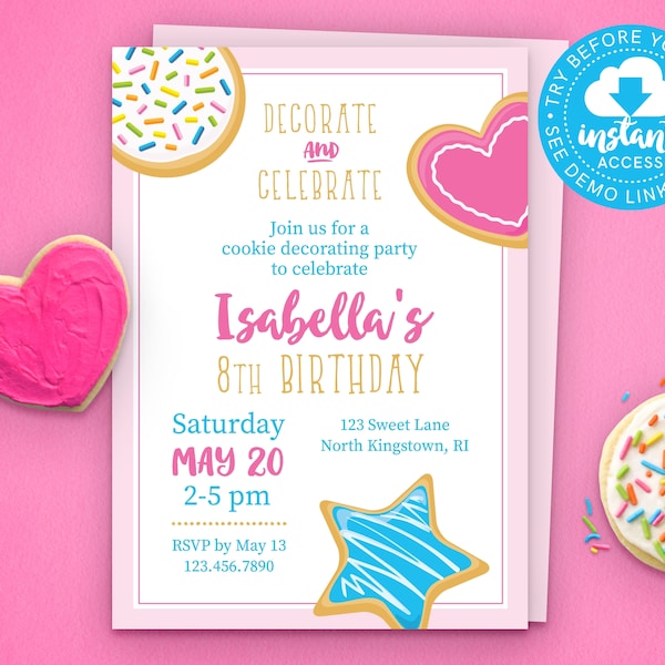 Cookie Decorating Invitation • Cookie Decorating Birthday Party • Printable • Edit & Download Instantly!