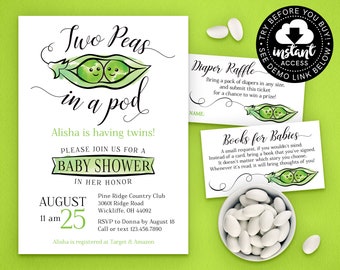 Two Peas in a Pod Baby Shower Invitation for Twins • Gender Neutral • Edit & Download Instantly!