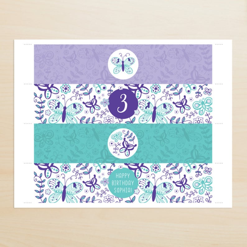 Butterfly Water Bottle Labels, Water Bottle Wrappers Purple and Teal Personalized, Printable image 3