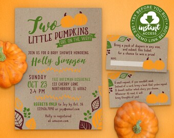 Twin Pumpkin Baby Shower Invitation • Two Little Pumpkins • Twins Fall Baby Shower Invitation • Edit & Download Instantly!