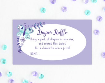 Butterfly Diaper Raffle Ticket, Printable Baby Shower Insert - Purple and Teal