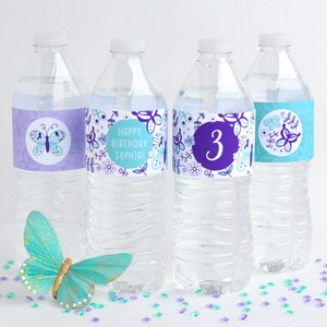 Butterfly Water Bottle Labels, Water Bottle Wrappers Purple and Teal Personalized, Printable image 2