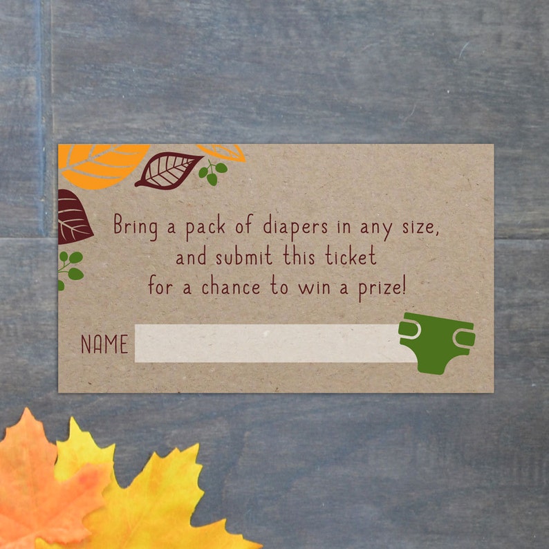 Diaper Raffle Ticket, Printable Diaper Raffle Card, DIY Baby Shower Insert, Fall Baby Shower, Green and Orange image 1