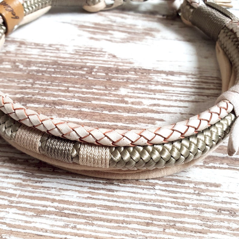 Dog collar Vagabond Chichi Ivory made of rope and leather color taupe and mother of pearl details available in silver, gold or rose gold image 4