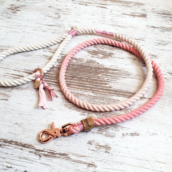 Guinzaglio per cani Ombre *Holi* Love Story - realizzato in corda di cotone tinta a mano - colore rosa - in argento, oro o oro rosa