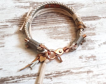 Dog collar *Vagabond* Chichi Ivory - made of rope and leather - color taupe and mother of pearl - details available in silver, gold or rose gold