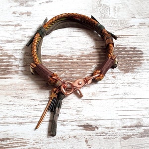 Dog collar *Vagabond* Kamu Flash - made of hand-dyed cotton rope and leather - color khaki and brown - details in silver, gold or rose gold