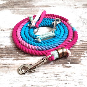Può includere: Un guinzaglio per cani multicolore nei toni del rosa, blu e verde acqua. Il guinzaglio in corda presenta un moschettone in metallo e un accento decorativo con una piccola etichetta. Il guinzaglio è arrotolato su una superficie di legno chiaro.