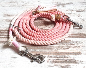 Ombre dog leash *Holi* Love Story - made of hand-dyed cotton rope - color pink - details selectable in silver, gold or rose gold