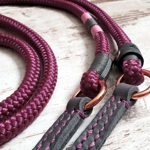 Dog leash Twize Burlesque made of rope and grease leather color bordeaux and gray details in silver, gold or rose gold image 2