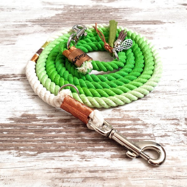 Ombre dog leash *Holi* Tropical Dreams - made of hand-dyed cotton dew - color green - details selectable in silver, gold or rose gold