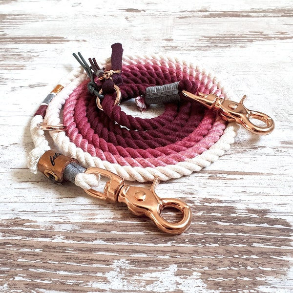 Ombre dog leash *Holi* Burlesque - in hand-dyed cotton rope - colour bordeaux - in silver, gold or rose gold