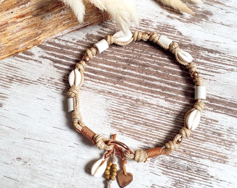 EM Ceramic Necklace *Gipsymee* Natural Shades No. 2 - Boho Tau Jewelry Collar for Dogs with Shells - Beige and Rose Gold