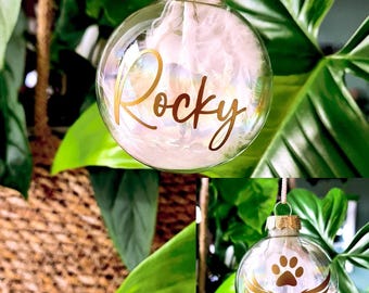 Personalized Christmas tree ball - Ø 6 cm - keepsake Christmas ball for deceased pets - made of glass - transparent with feather