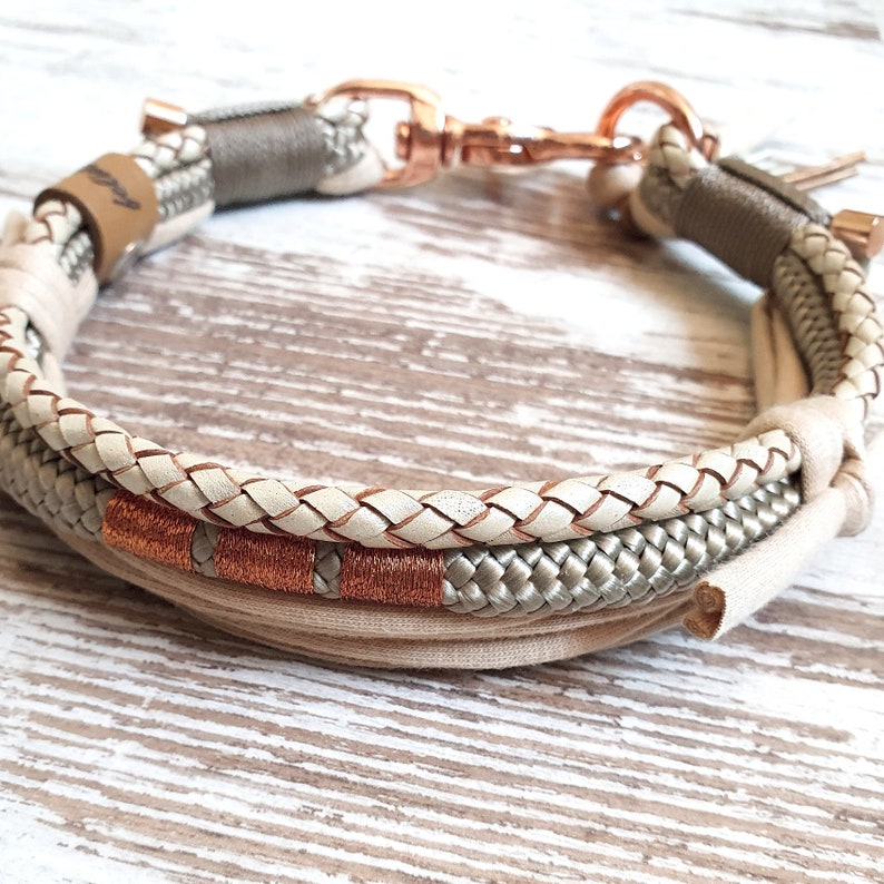 Dog collar Vagabond Chichi Ivory made of rope and leather color taupe and mother of pearl details available in silver, gold or rose gold image 9