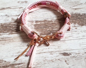 Dog collar *Vagabond* Love Story - made of hand-dyed cotton rope and leather - color pink - details available in silver, gold or rose gold