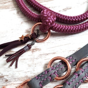 Dog leash Twize Burlesque made of rope and grease leather color bordeaux and gray details in silver, gold or rose gold image 6