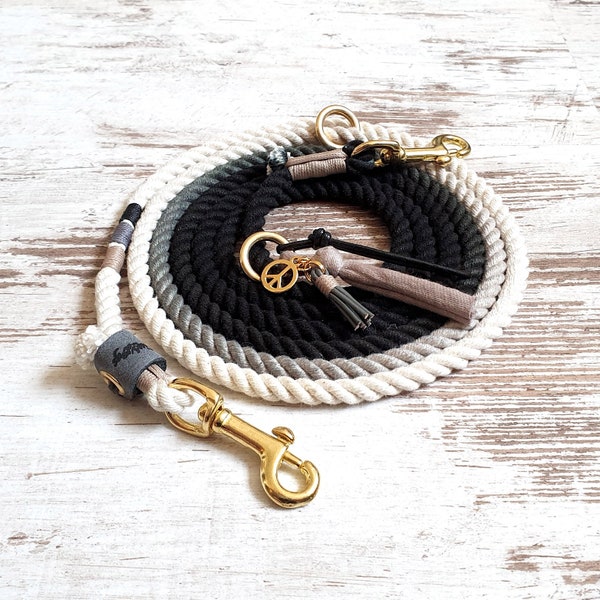 Ombre dog leash *Holi* Go London - made of hand-dyed cotton rope - colour black, grey and taupe - details in silver, gold or rose gold