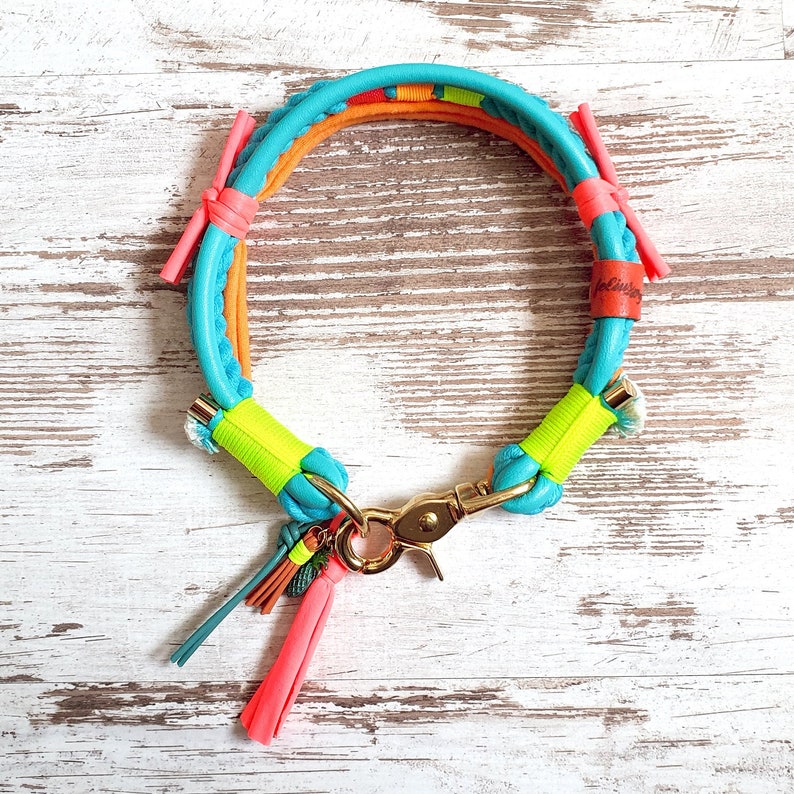Dog collar Vagabond Summerlove made of hand-dyed cotton rope and leather neon colors details available in silver, gold or rose gold image 3