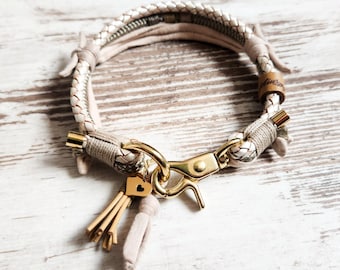 Dog collar *Vagabond* Chichi Ivory - made of rope and leather - color taupe and mother of pearl - details available in silver, gold or rose gold