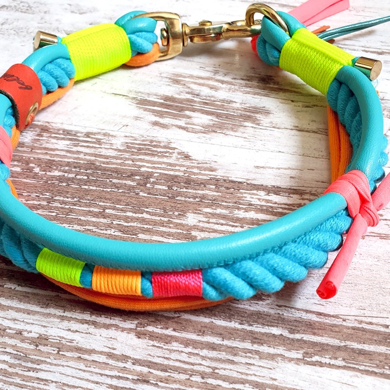 Dog collar Vagabond Summerlove made of hand-dyed cotton rope and leather neon colors details available in silver, gold or rose gold image 4