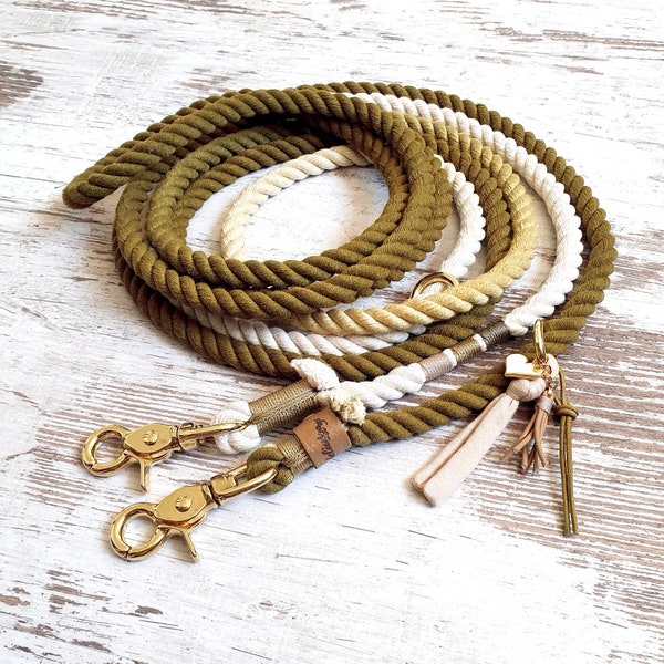 Ombre dog leash *Holi* Izzy Pearl - made of hand-dyed cotton dew - color khaki - details selectable in silver, gold or rose gold