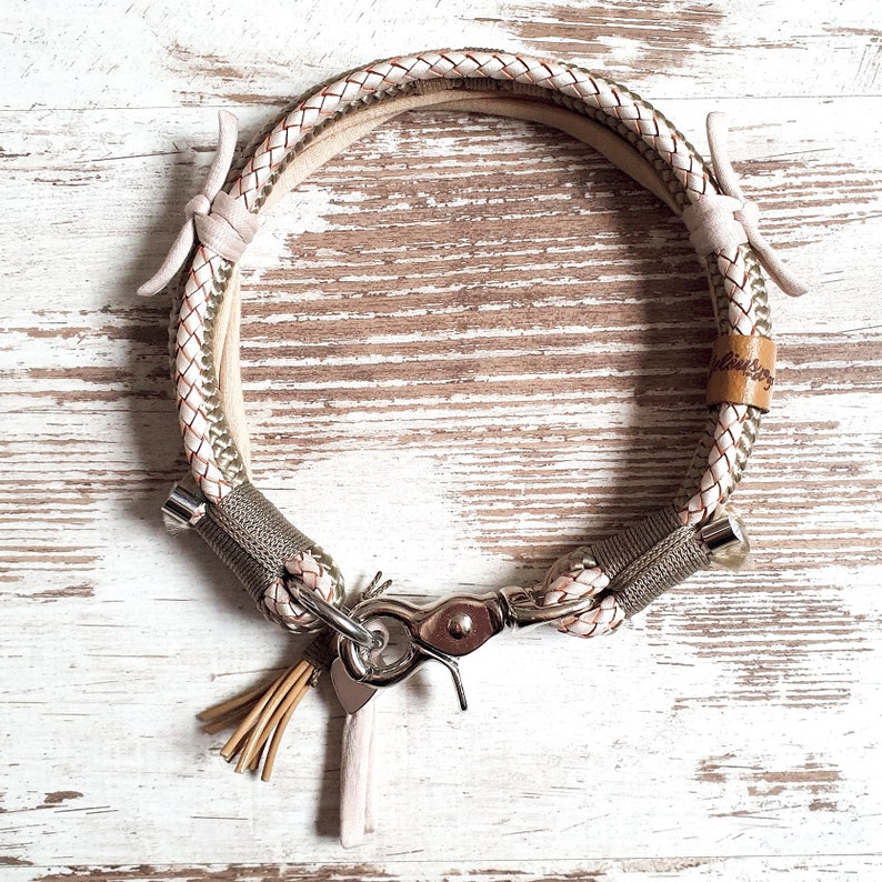 Dog collar Vagabond Chichi Ivory made of rope and leather color taupe and mother of pearl details available in silver, gold or rose gold image 5