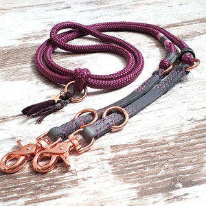 Dog leash Twize Burlesque made of rope and grease leather color bordeaux and gray details in silver, gold or rose gold Rosegold