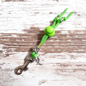 May include: Green and silver dog leash with a paw print charm and a small dog charm. The leash has a green button and a silver clip.