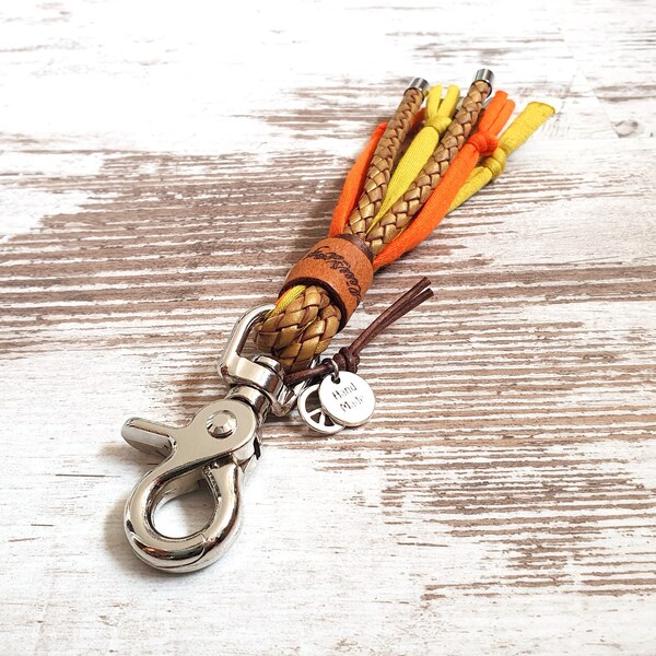 Keychain *Vagabond* Poppy Orange - customizable - made of leather and textile yarn - details in bronze, gold, rose gold, or silver