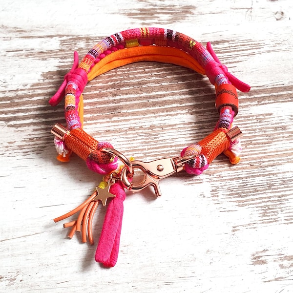 Hondenhalsband *Vagabond* Pink Flamingo - gemaakt van handgeverfd katoenen touw - details verkrijgbaar in zilver, goud of roségoud