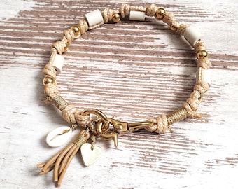 Collier en céramique EM * Gipsymee * Nuances naturelles No. 1 - collier en corde noble pour chien - beige et or