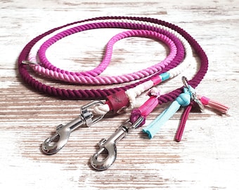 Ombre dog leash *Holi* Wild Berries - made of hand-dyed cotton dew - color fuchsia - details selectable in silver, gold or rose gold