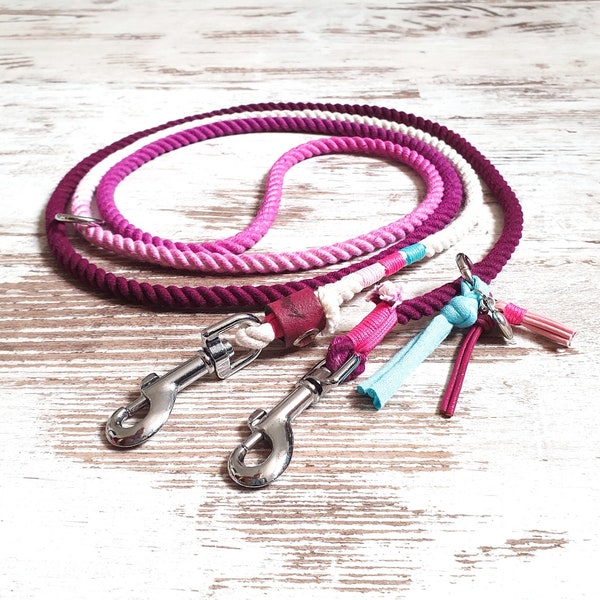 Ombre dog leash *Holi* Wild Berries - made of hand-dyed cotton dew - color fuchsia - details selectable in silver, gold or rose gold