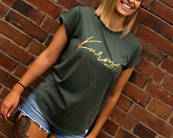 Statement Damen T-Shirt *Karma will fix it* Gold - vegan - aus nachhaltiger Bio-Baumwolle und fairer Herstellung - lockere Passform