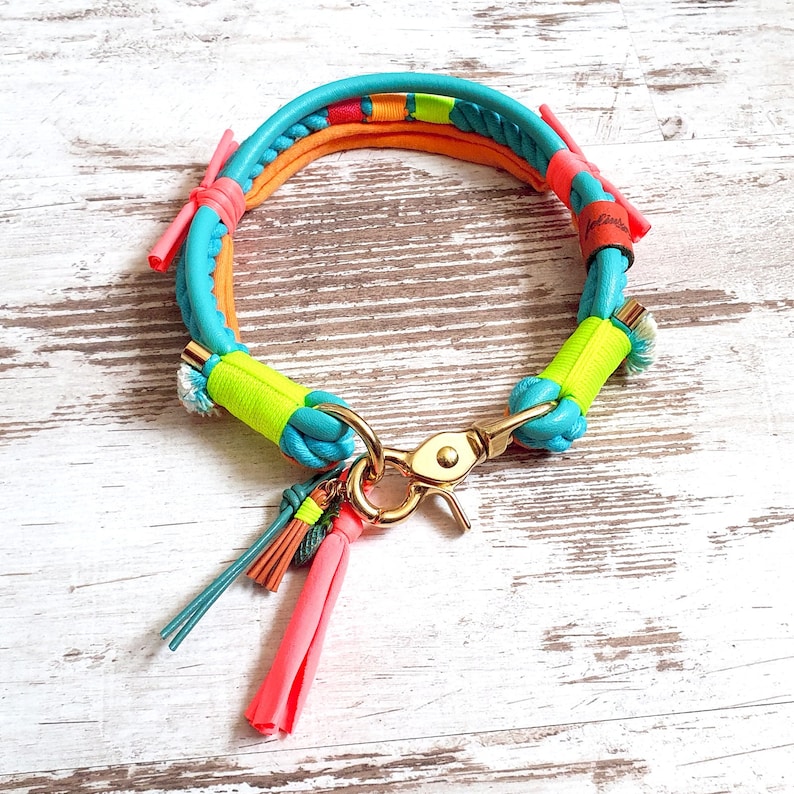 Dog collar Vagabond Summerlove made of hand-dyed cotton rope and leather neon colors details available in silver, gold or rose gold Gold