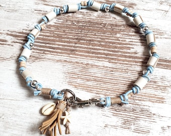 EM Ceramic Necklace *Gipsymee* Baby Blu No. 1 - fine leather jewelry collar for dogs - light blue, natural and silver