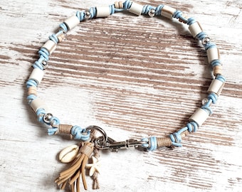 EM ceramic necklace *Gipsymee* Baby Blu No. 1 - elegant leather jewelry collar for dogs - light blue, natural and silver